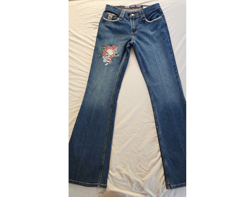 Vintage Y2K Cruel Girl Low Rise Bootcut Jeans Tattoo Bird Rose 9 Long